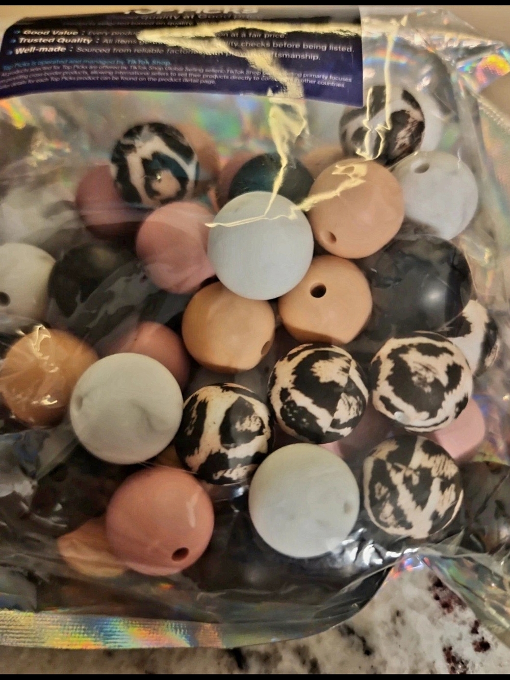 50 Ct Silicone Bead Mix for Craft Pastel Pink, , Black & Cream